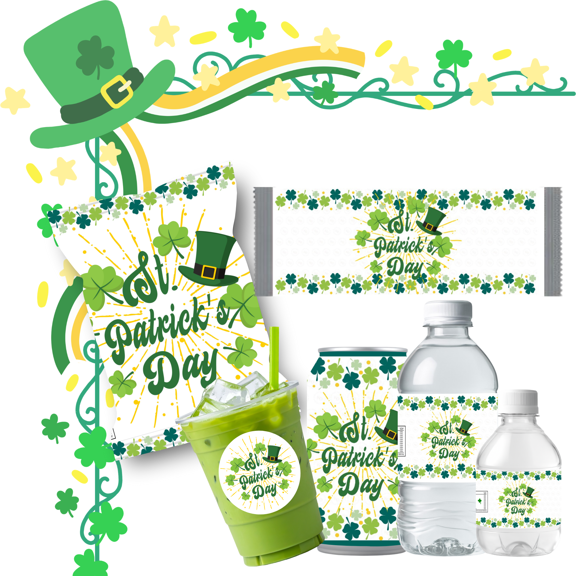 St. Patrick's Day-themed party supplies including cups, bottles, and signs with green hats and shamrock designs.